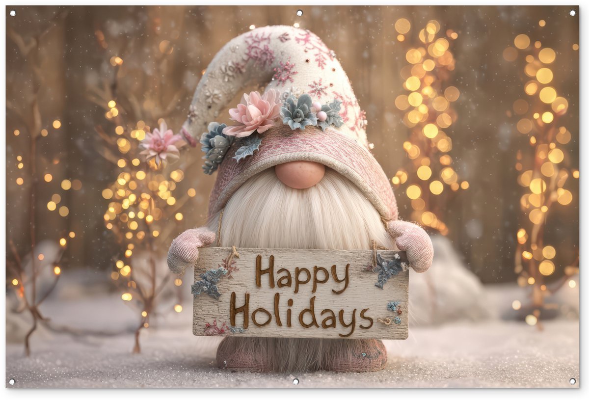 Tuinposter met Gnome - Kleurrijk tuinschilderij voor Kerstdecoratie buiten.