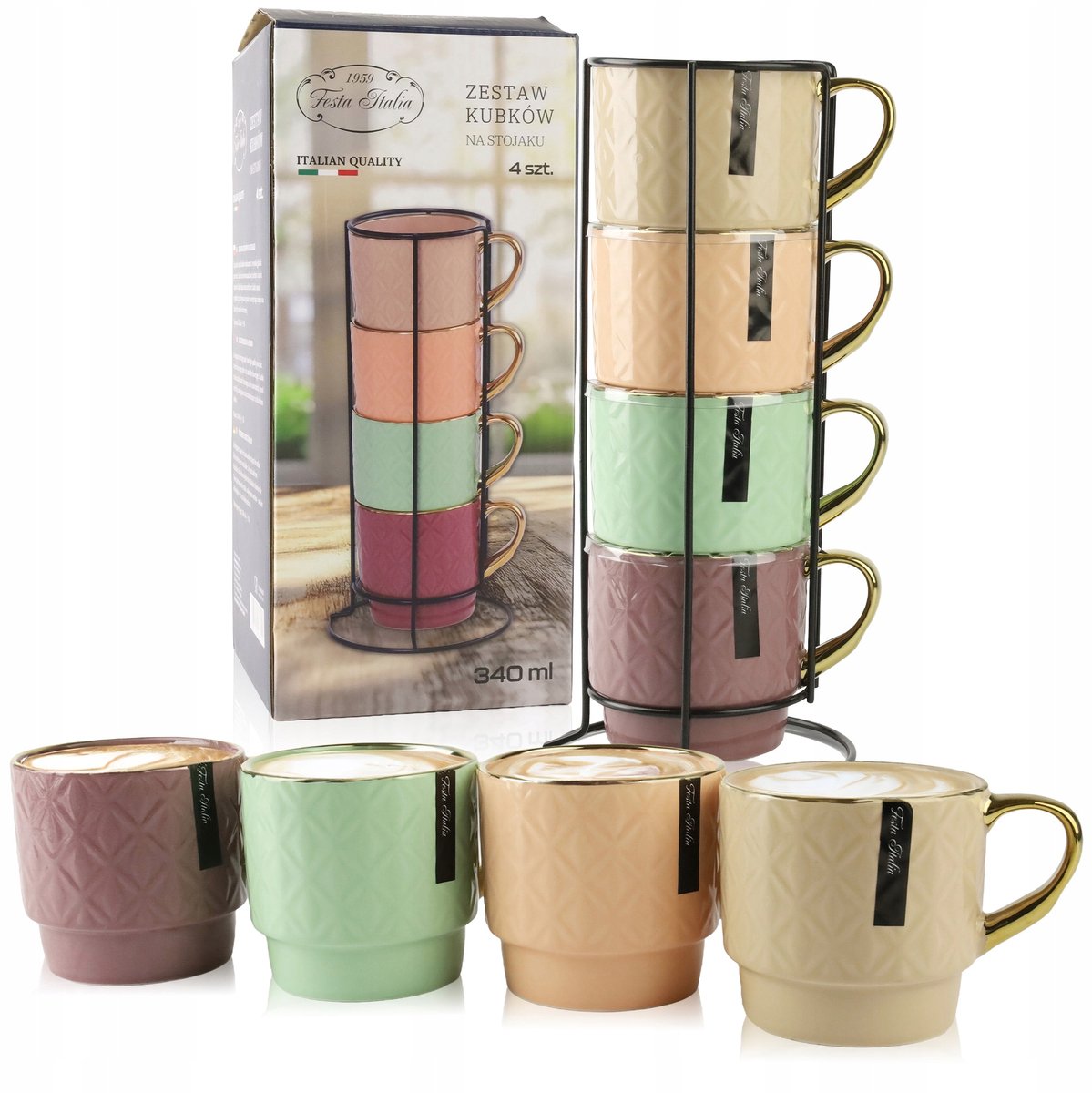 Keramische Mokken Set 340ml (4 stuks) met Metalen Standaard