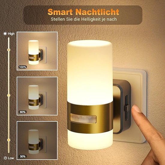 Nachtlampje Stopcontact Met Bewegingsmelder, Nachtlampje Kinderdimbaar, 3 Standen (Auto/Aan/Uit), 3000K Warm Wit, Nachtlampje Led Stopcontact Voor Kinderkamer, Slaapkamer, Hal, Keuken