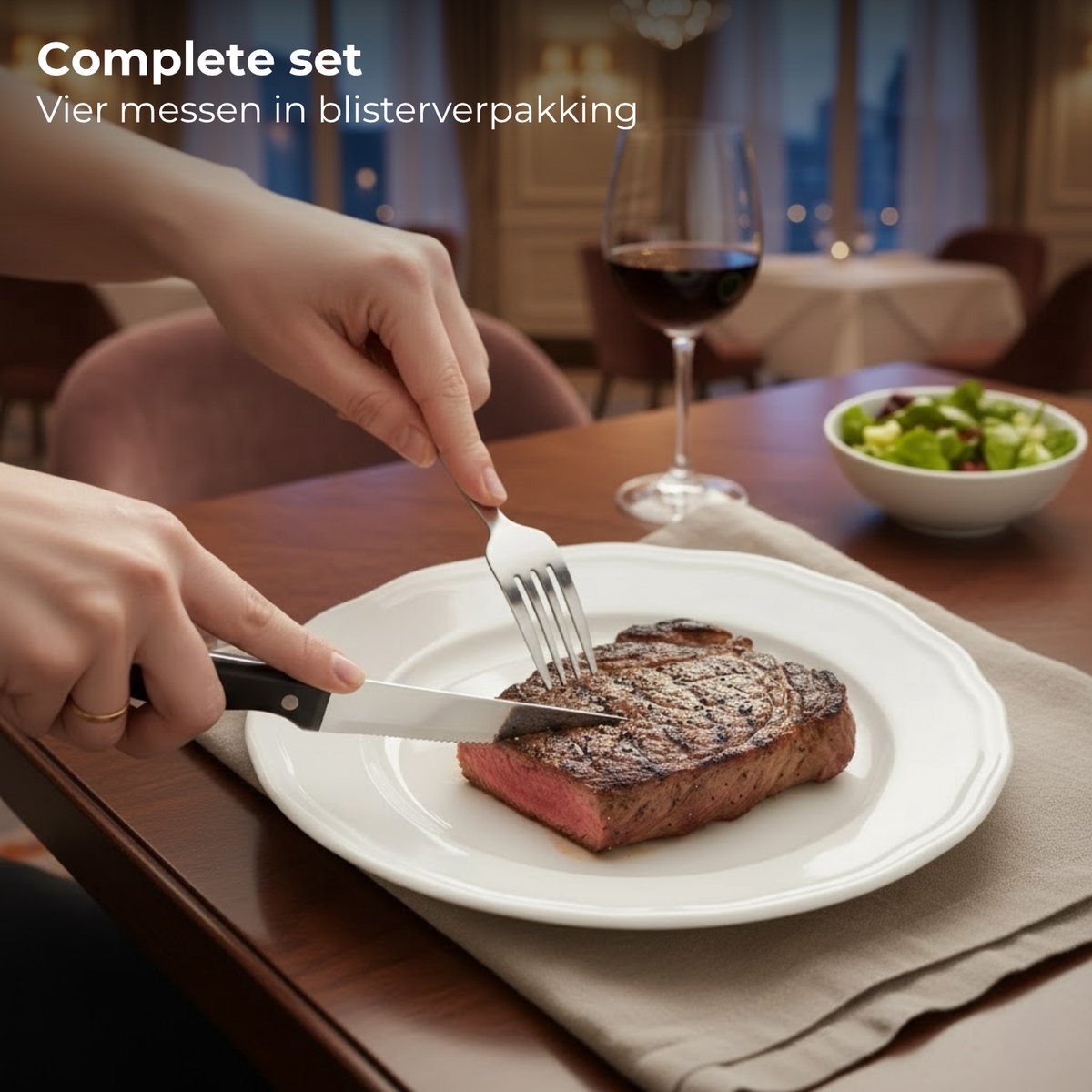 Lomera Steakmessen Set - Roestvrij Staal - 4 Stuks - Bbq Messen - 25 Cm Lengte - Steakmes Set - Scherpe Messen - Gekarteld Lemmet - Zilverkleurig - Lichtgewicht Mes - Duurzame Kwaliteit - Rvs