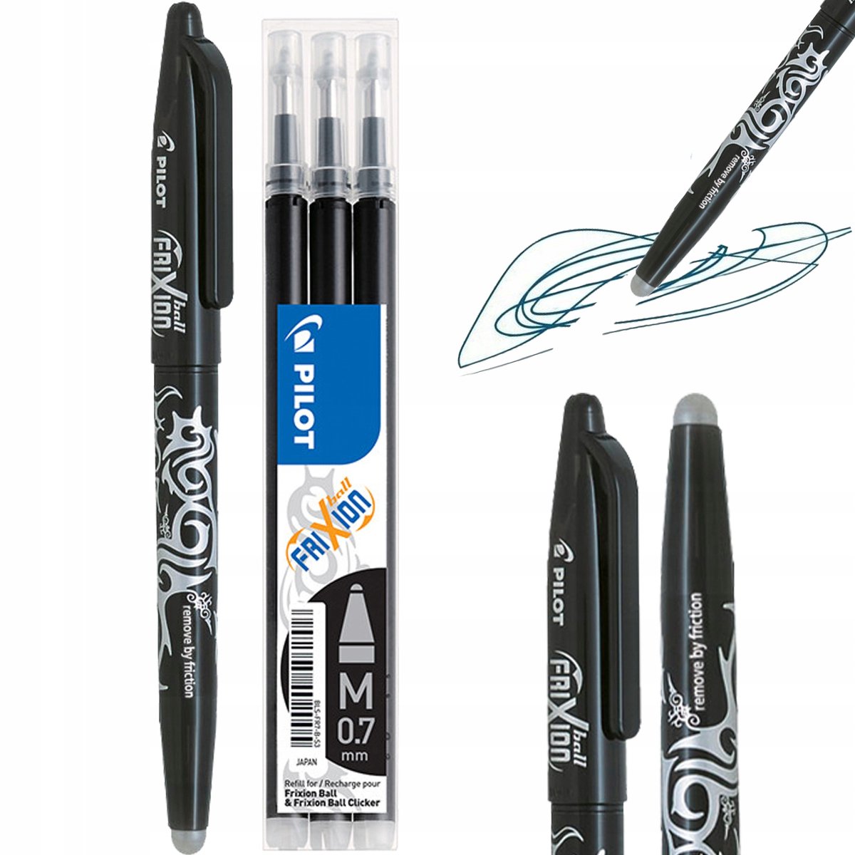 Pilot Frixion Uitwisbare Pen Zwart 0.7mm + 3 Zwarte Navullingen
