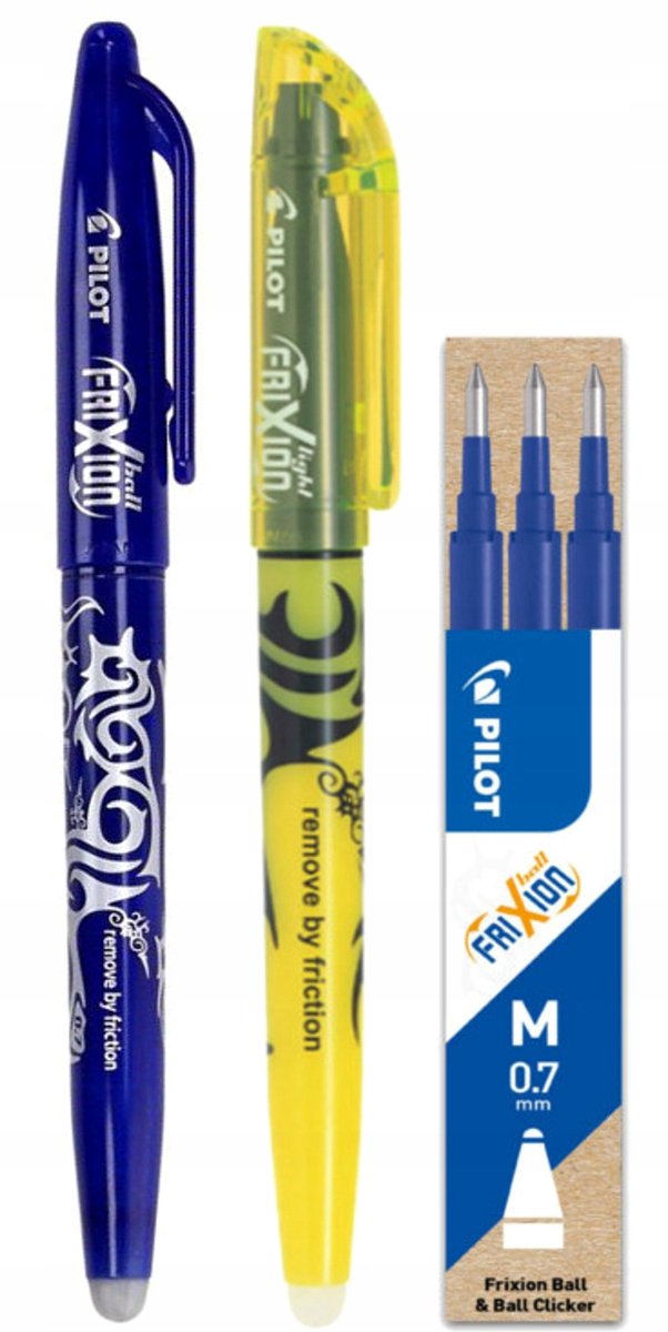 Pilot Frixion Uitwisbare Pen Set: Blauw, 0.7mm, 3 Vullingen + Gele Marker