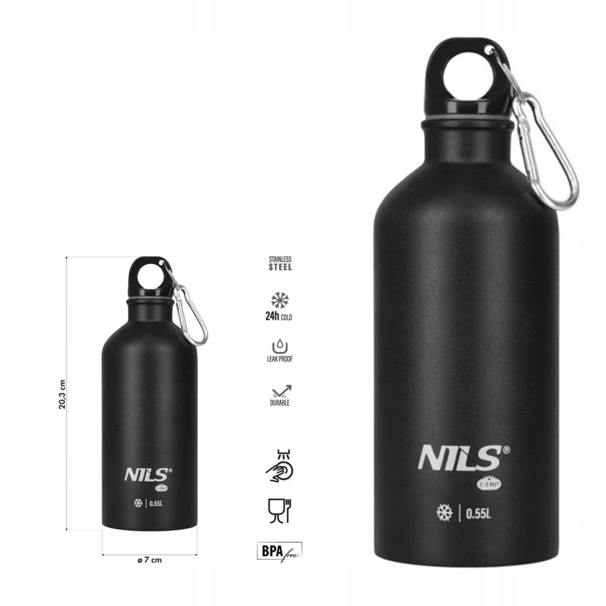 Nils Camp NC3801 Thermosfles 550ml RVS - Zwart, 24u Koel
