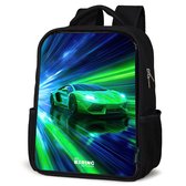 NoBoringSuitcases.com® - Rugzak zwart jongens - Schooltas jongen - NoBoringSuitcases.com® - Rugzak zwart - Schooltas jongen & meisje - Raceauto - Felgroen - Lichtstralen - Snelheid - Rugtas voor school - Boekentas kind - Schoolrugzak - Kinderrugzak