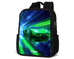 NoBoringSuitcases.com® - Rugzak zwart jongens - Schooltas jongen - NoBoringSuitcases.com® - Rugzak zwart - Schooltas jongen & meisje - Raceauto - Felgroen - Lichtstralen - Snelheid - Rugtas voor school - Boekentas kind - Schoolrugzak - Kinderrugzak
