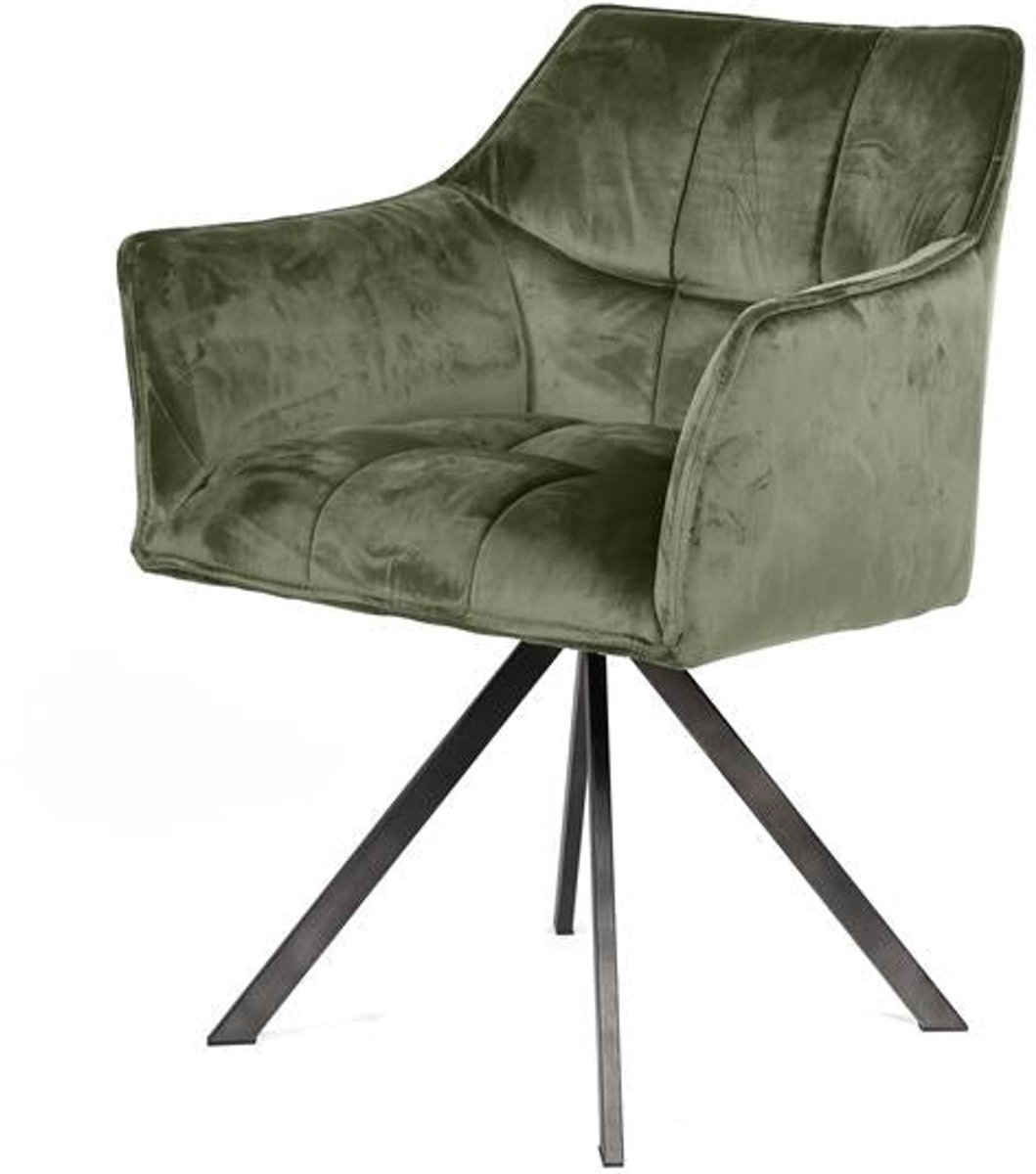 Eetkamerstoel Groen Velours (Draaibaar) - Industriele Dinerstoel met Comfortabele Zitting - Luxe Groene Velours Stoel met Zachte Zit- en Rugkussen - Industrieel Eettafel Stoel (62x61x82) Draaibare Dinerstoel met Kruispoot