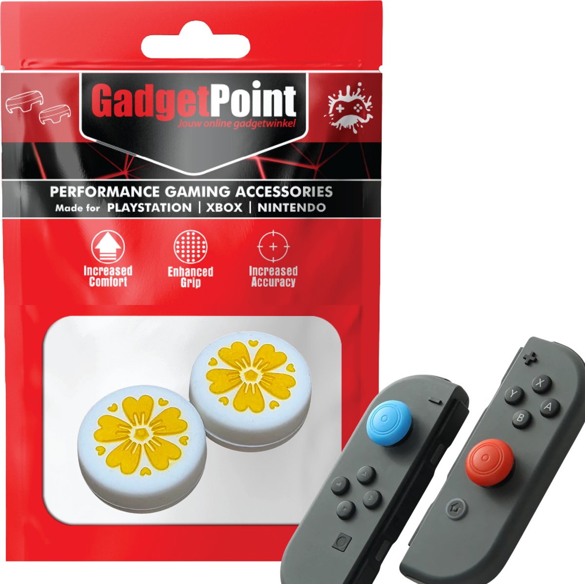 Gadgetpoint | Gaming Thumb Grips | Performance Thumbsticks | Accessoires geschikt voor Nintendo Switch Joy-Con Controller(s) | Thumbgrips | Bloemetjes - Wit met Geel