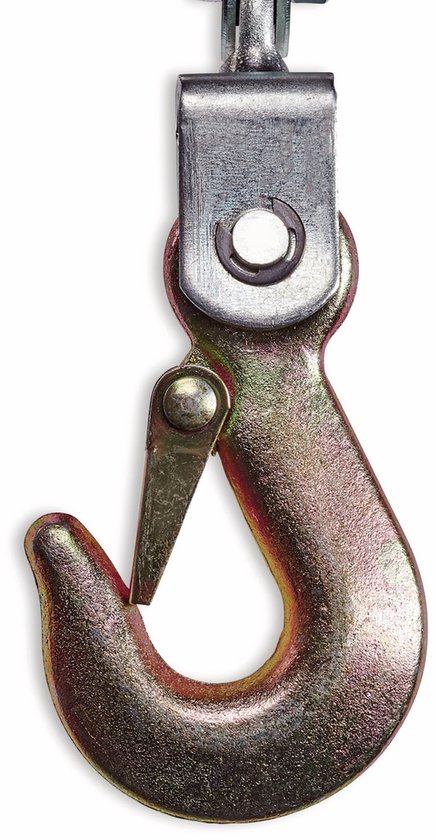 Een metalen veiligheidshaak met klepje, gemonteerd aan een draaibare beugel.