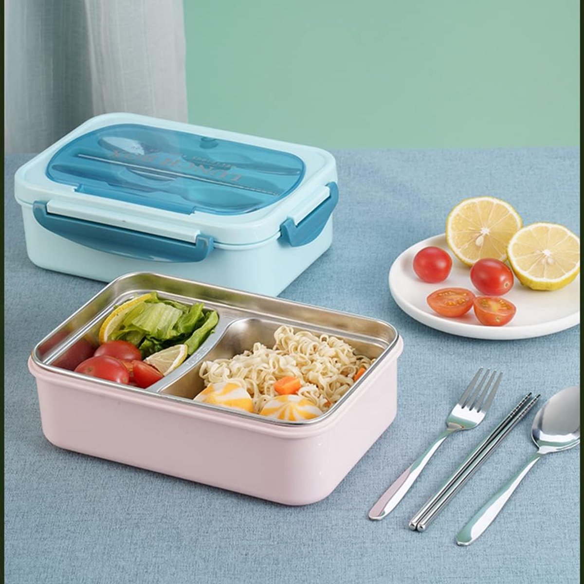 Lekvrije lunchbox - Lunchbox met 2 compartimenten - Inclusief bestek - Geïsoleerde lunchbox met verdeling - Roestvrij staal - Geschikt voor volwassenen kinderen - Vaatwasserbestendig - Kan warm eten bevatten - Bentobox - 21,3 x 14,5 x 7,5 cm - Khaki — cadeau in Koken & Dineren - foto 3