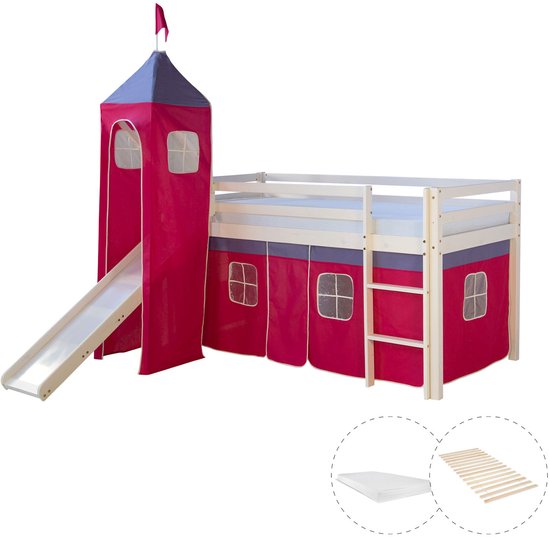 Lit mezzanine Homestyle4u - 90x200 cm - avec matelas - tour - toboggan - échelle et rideau rose