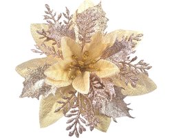 Glitter-kerstbloemen - 12 stuks - Glitter - Kerstversiering - Kerstdecoratie voor binnen - Kerstster - Kunstbloemen - Kerstbloem - Decoratiebloem - Glitter kunstmatige kerstbloemen - Sneeuwvlokken - Voor Kerstmis, kerstboom, kransen - Goud