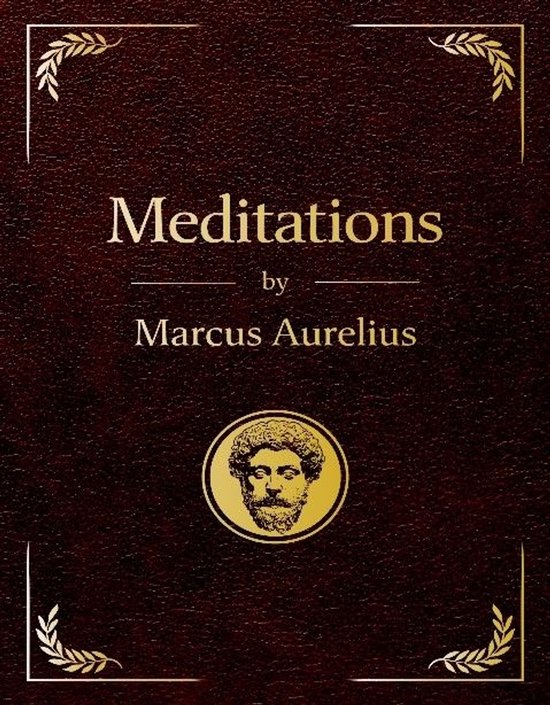 Gebonden editie van Meditaties van Marcus Aurelius met gouden letters en een portretmedaillon.