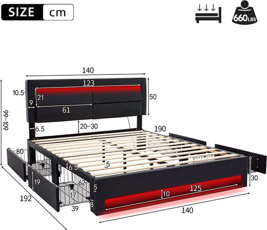 Afmetingen van zwart bedframe met LED-verlichting en opberglades. Verlichting rood.