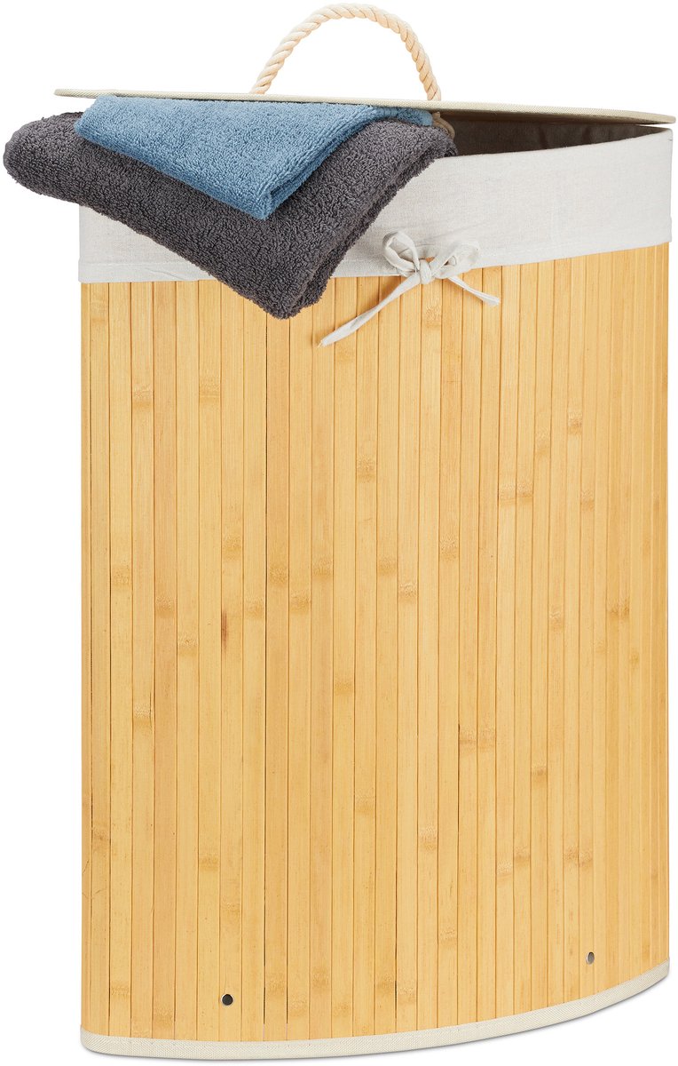2x wasmand hoekmodel bamboe - 60 liter - deksel - wasbox - driehoekig - crème