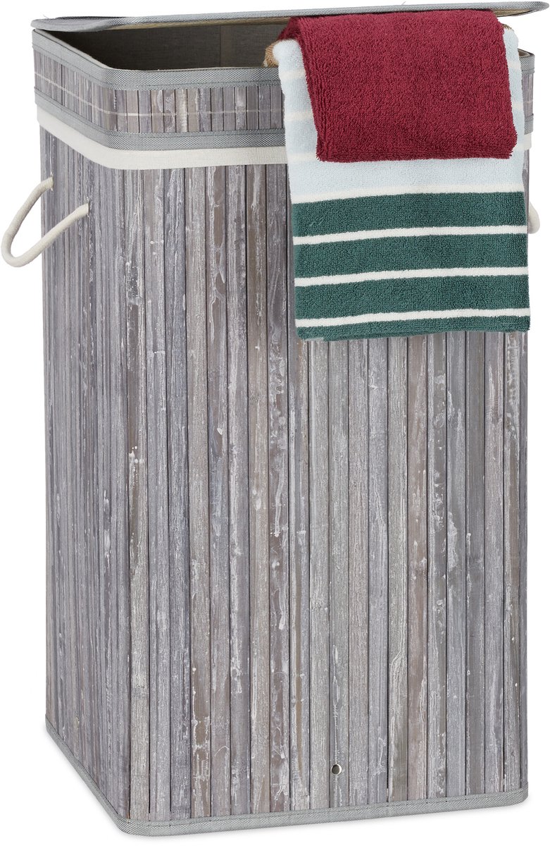2x wasmand bamboe - wasbox opvouwbaar - 70L - vierkant - 63x36x36 cm - grijs