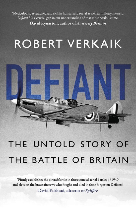 Livre 'Defiant: The Untold Story of the Battle of Britain' avec une illustration d'un avion Spitfire.
