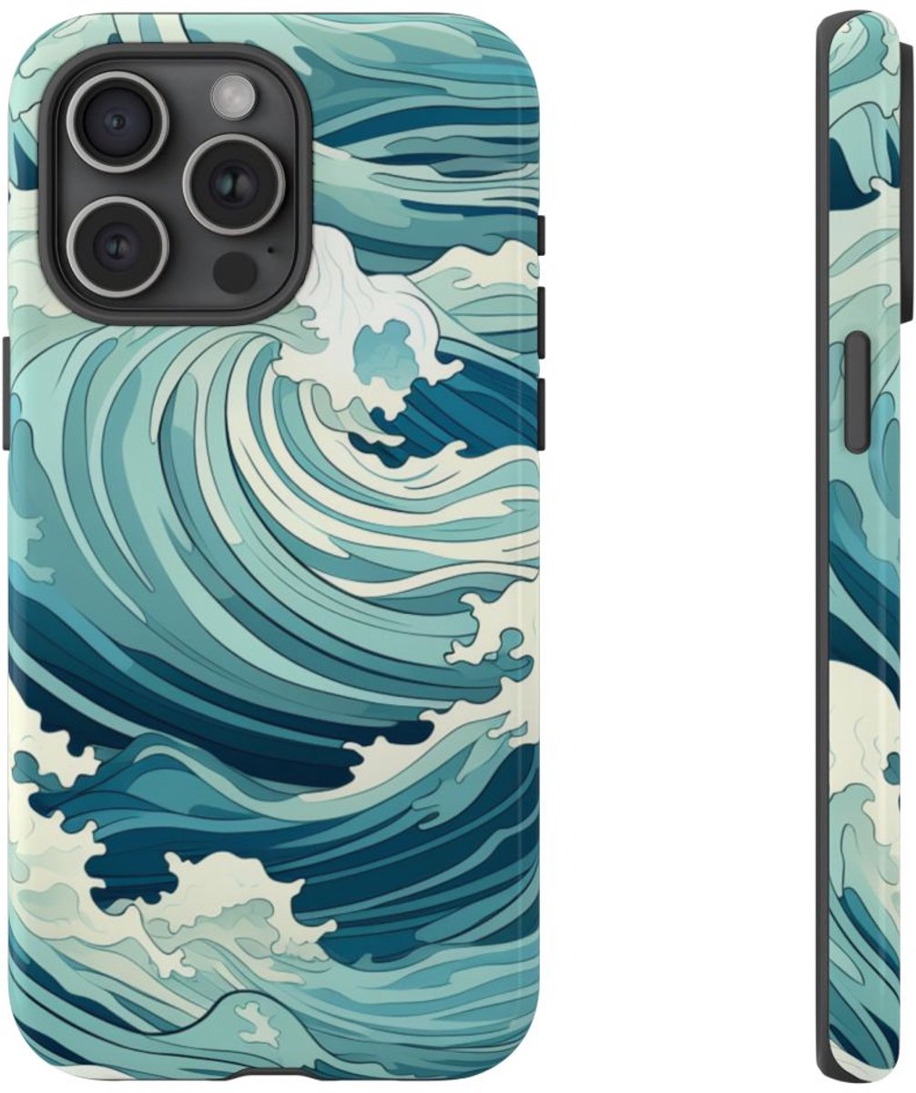Ocean Wave Patroon – Glanzend Stevig Telefoonhoesje Geschikt voor iPhone 15 Pro Max