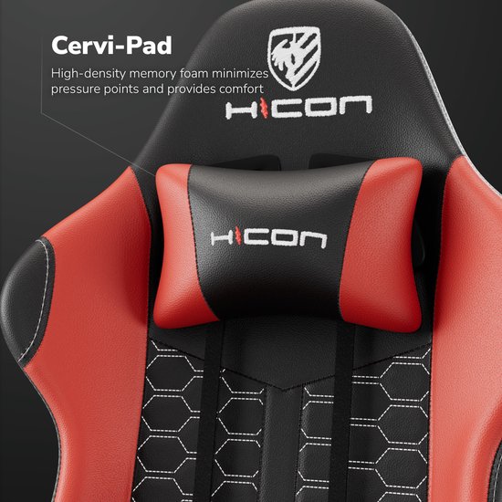 Detail van de neksteun en het HICON logo op een rode en zwarte gamestoel.