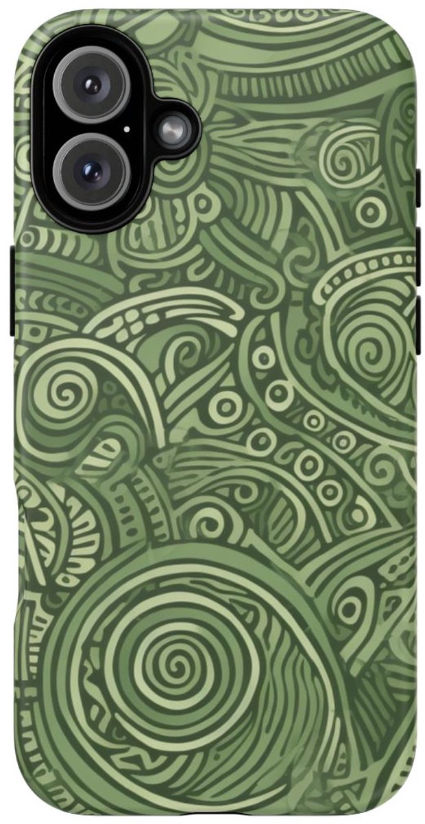 Abstract Groen Tribal Doodle Patroon – Telefoonhoesje Geschikt voor iPhone 16 Plus