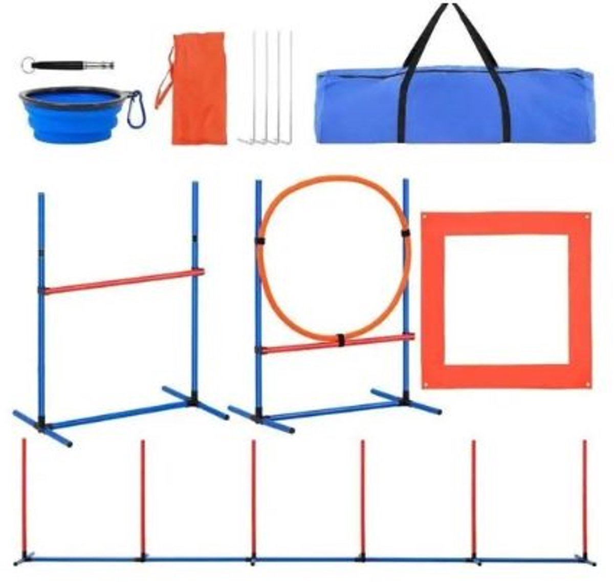 Equal to None - Agility voor de hond - 4-delige set - Premium - Complete set - Veilig en handig - inclusief fluitje en opvouwbare drinkbak voor onderweg. - Blauw