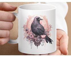 Mok Raven Elegance Mug, Gothic Crow Coffee Cup, Floral Design Mug, Bird Lover Gift, Fantasy Art Mug, Elegant Drinkware, Witchy Decor