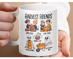 Mok, Harvest Friends, Halloween Mug, Cute Halloween Design, Apple Pick, Leaf Team, Basket Cat, Stack Bones, Wheelbarrow Boo, Herfst Vrienden