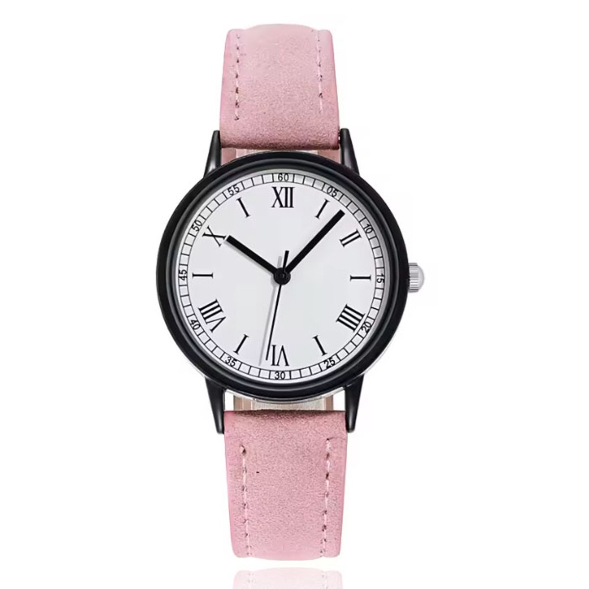 LGT Dameshorloge met zwarte kast, witte wijzerplaat en roze band