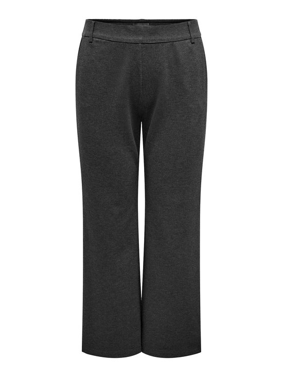 Donkergrijze wijde broek met knoop- en ritssluiting, gezien van voren.