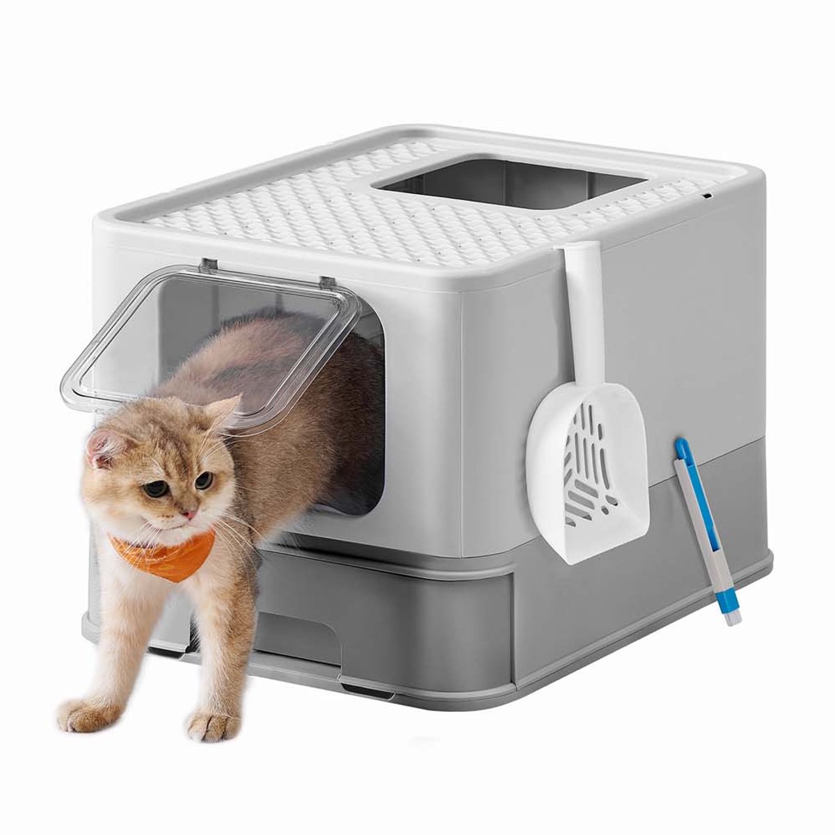 Feandrea verborgen kattenbak, kattenbak met kap, uitschuifbare lade, schep, borstel, ruim voor grote katten, Max. Belasting 15 kg, Anti-Tracking, Anti-Lekkage, Lichtgrijs en Duifgrijs PPT001GD03