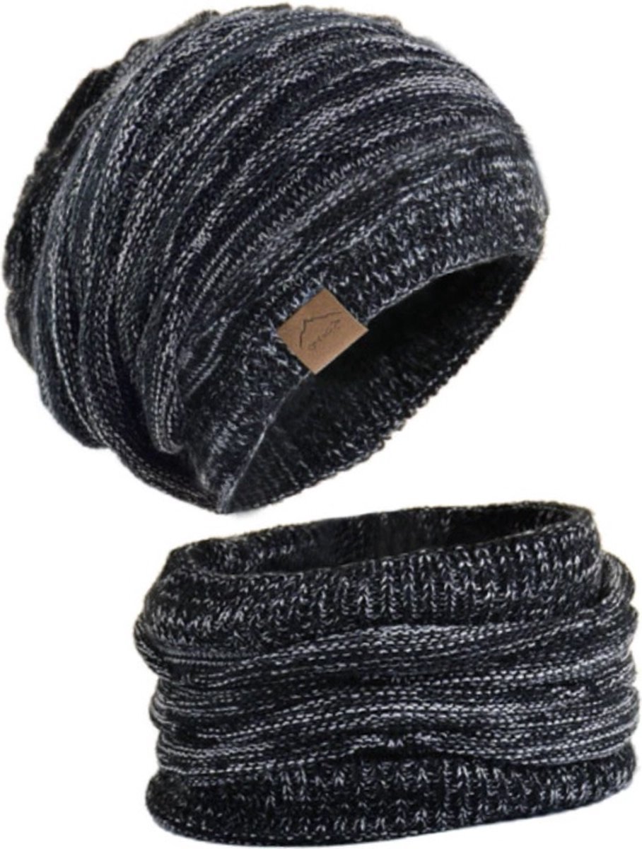 Gevoerde Beanie met Col Sjaal / Warme Winter Muts / Set / Sjaal / Outdoor / Ski Muts / Zwart Grijs