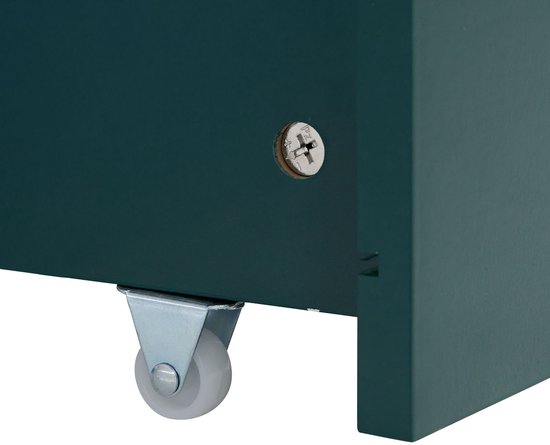 Wieltje onder een donkergroene lade van een kinderbed.