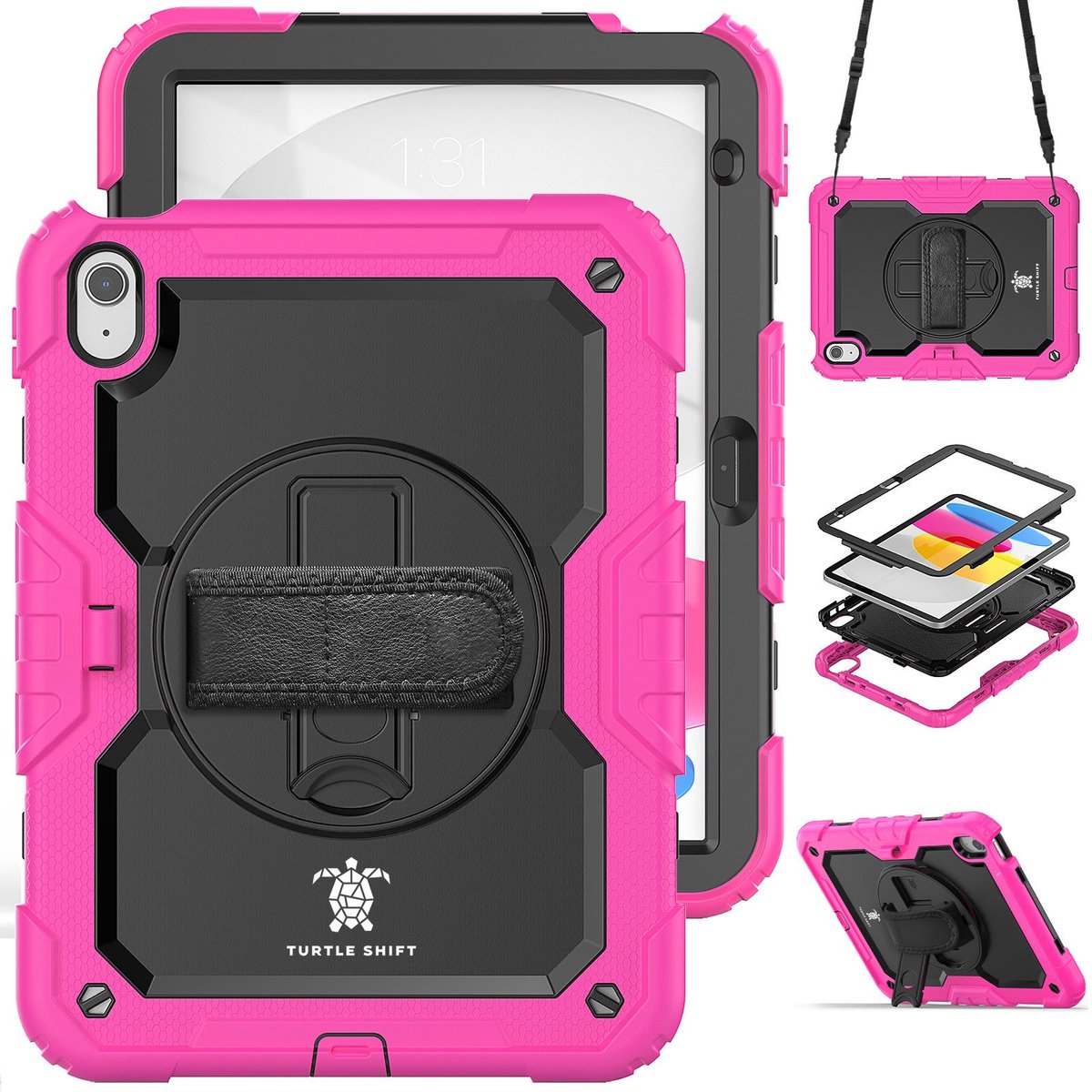 Turtle Shift Hoes met Screenprotector - Geschikt voor iPad 11 (A16) en iPad 10 - 2025 en 2022 - 10.9 Inch - Schouderriem - Draaibare Standaard met Apple Pencil Houder - Roze
