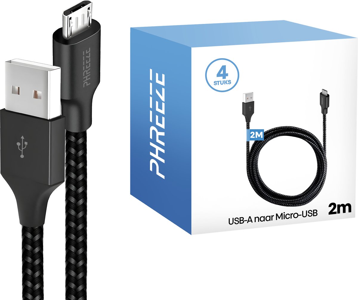 Image of Micro usb kabels - 4 pack - 2 meter - Oplader geschikt voor ps4, e reader, kobo, libra, jbl go 2 - Phreeze