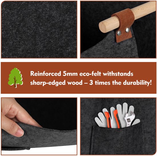 Donkergrijze vilten mand met hout. Details van 5mm ecovilt, versterkt voor scherp hout.