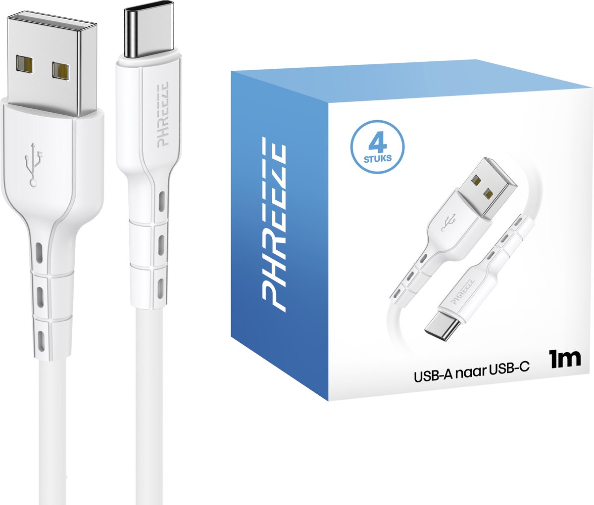 Usb A naar usb C kabel 1 meter - 4 pack - Korte oplaad kabel voor telefoon - Phreeze