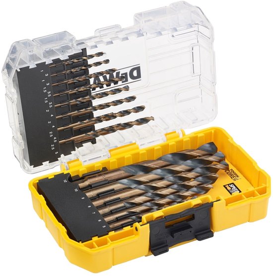 Un jeu de forets à métaux DeWalt dans un étui jaune et transparent, avec 23 forets de tailles 1 à 12 mm.