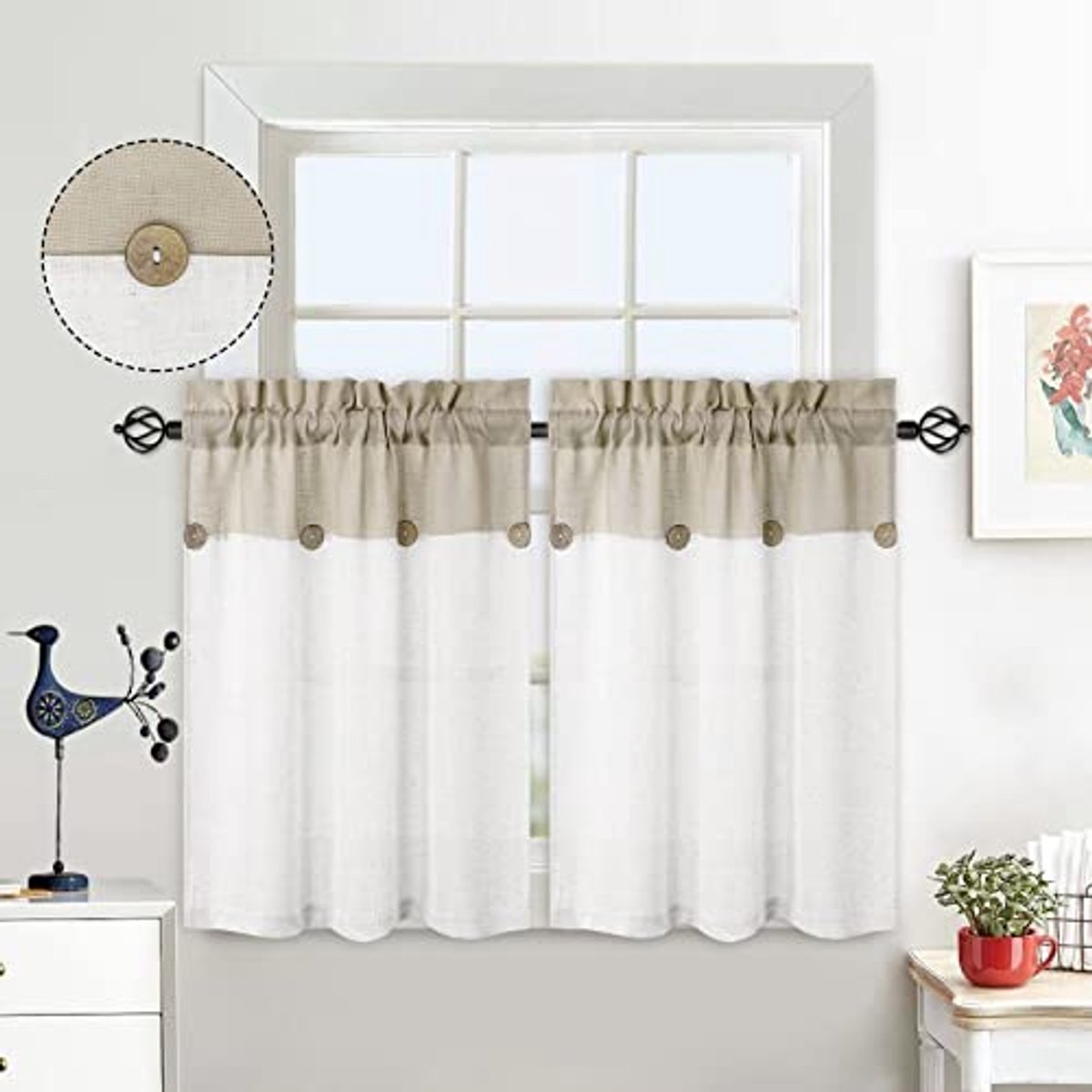Set van 2 Kleine Patchwork Gordijnen met Knopen - Semi-Korte Bistrougordijnen in Beige