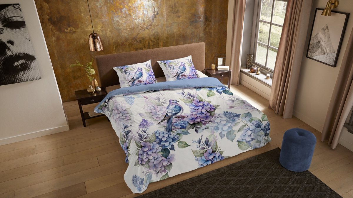 Pure dekbedovertrek duif & hortenzias - Lits jumeaux 240x200/220 cm - Multi - Microvezel
