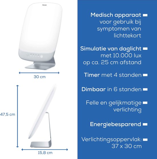 Beurer TL 95 Daglichtlamp – Lichttherapielamp 10.000 Lux (tot 14 000 Lux op 20 cm)– Medisch Gecertificeerd – SunLike® LED – Groot Verlichtingsoppervlak 37×30 cm – Dimbaar met 6 Helderheidsniveaus – Timer – Kantelbaar – UV-vrij – 3 Jaar Garantie