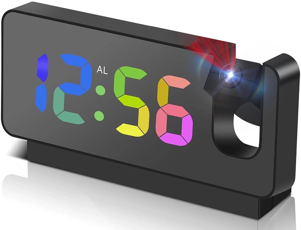 QTTVBTNA -Digitale Wekker met Projectie – 360° Draaibare LED Klok – Temperatuurweergave & Geheugenfunctie – Perfect voor Slaapkamer, Woonkamer of Kantoor – Zwart
