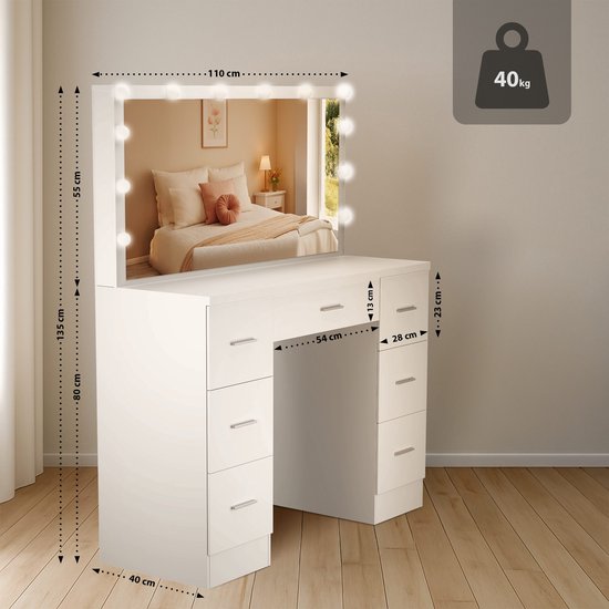 cadciehe Kaptafel met schuifspiegel, make-uptafel met verlichting, make- uptafel met 6 laden, open planken, verborgen opbergruimte, wit
