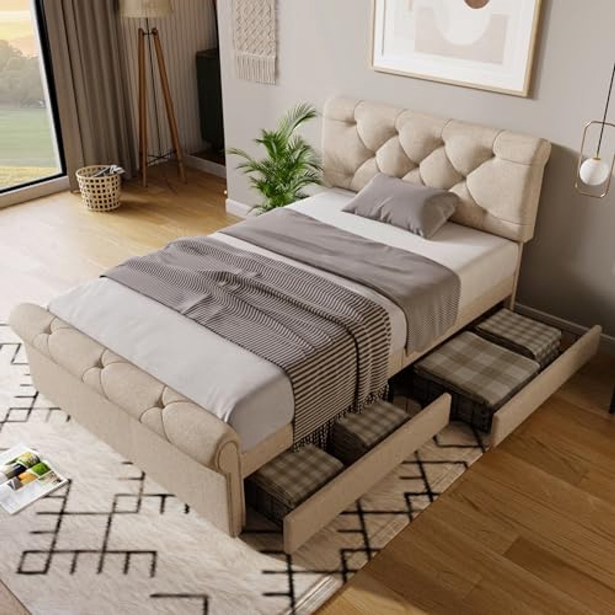 Enkel Bed Met 2 Laden, Verstelbare Hoofdbord en Compact Ontwerp, 90 x 200 cm