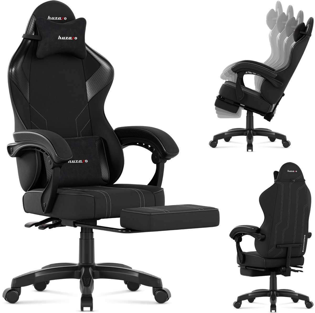 Huzaro Force 3.7 Carbon Black - ergonomische gamestoel met voetsteun, kantelfunctie en kussens voor nek en rug
