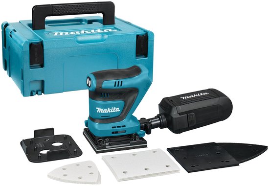 Turquoise Makita vlakschuurmachine met zwarte details, stofzuigeropzetstuk en accessoires, naast een turquoise Makpac opbergkoffer.