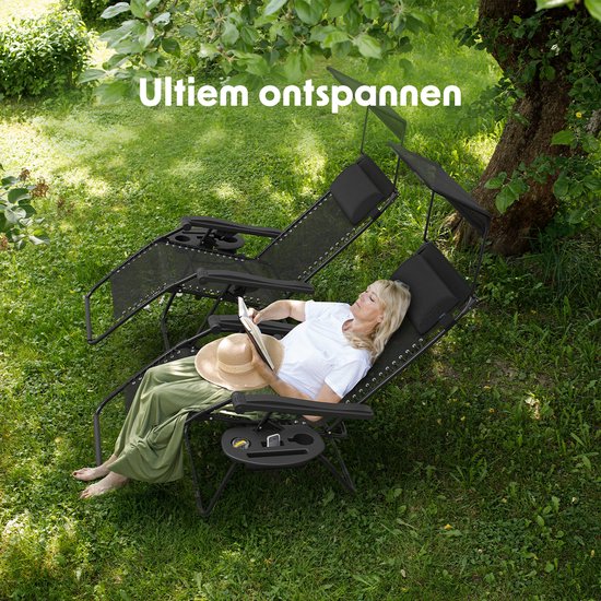 LifeGoods Opvouwbare Tuinstoelen - Verstelbaar Zonnescherm - Ligstoel Tuin - 2 Stuks - 30°-90° Verstelbaar - Metaal - Zwart