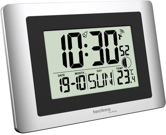 Digitale wandklok met zilveren frame. Toont tijd 10:30, datum 19-10, dag ZON en temperatuur 23.4°C.