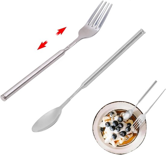 2 stuks - Uitschuifbaar bestek - Tafelvork - Besteklepel - Telescopische lepel en vork van roestvrij staal - Verstelbaar bestek - Bestek - Uitschuifbare verlengde diner vork met lange steel - keukengerei - voor barbecues, picknicks, recepties -zilver