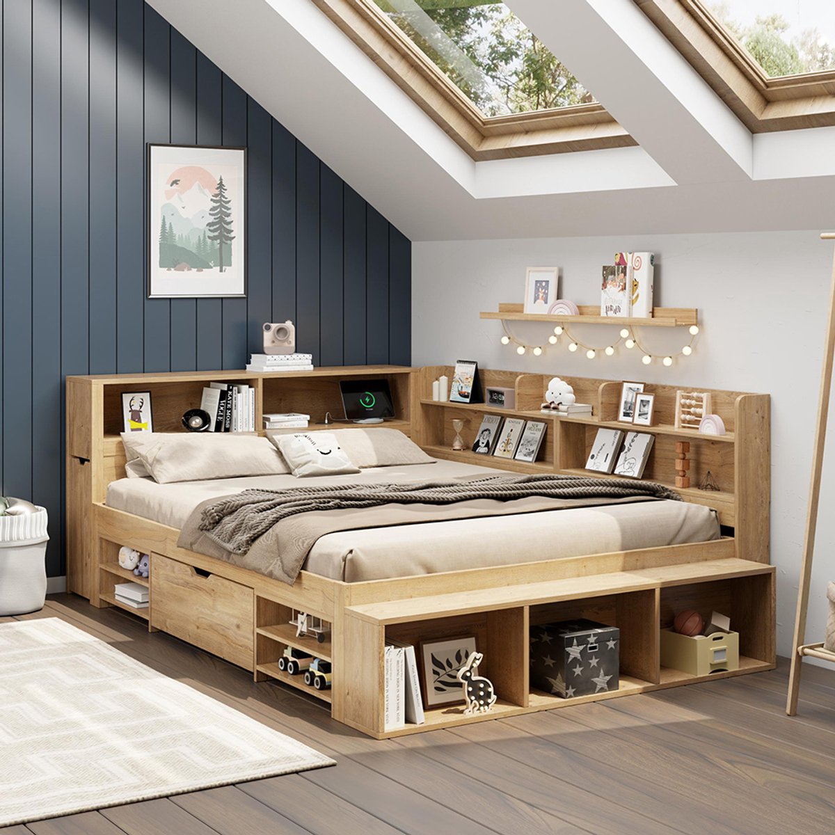 KOMHTOM BLACKCOLORS Kinderbed, bed met opbergruimte, massief houten bed, 140 x 200 cm, eenpersoonsbed, multifunctioneel kinderbed met nachtkastje, lades, planken, opbergkast, met draadloos opladen, zonder matras, naturel