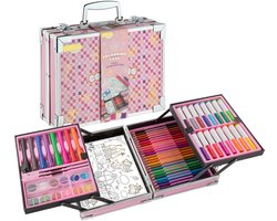 Joya Creative Luxe Kleurkoffer voor Meisjes - Aluminium Schilder- en Teken Koffer - Stiften, Kleurpotloden, Markers, Aquarel Napjes, Krijtjes, Penselen, Canvas & Kleurboek - Creatief Knutselpakket in Koffer - Cadeau voor meisjes vanaf 3 jaar