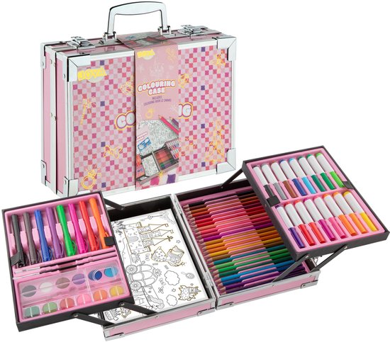Luxe Kleurkoffer voor Meisjes - Aluminium Schilder- en Teken Koffer - Stiften, Kleurpotloden, Markers, Aquarel Napjes, Krijtjes, Penselen, Canvas & Kleurboek - Creatief Knutselpakket in Koffer - Cadeau voor meisjes vanaf 3 jaar - Joya Creative